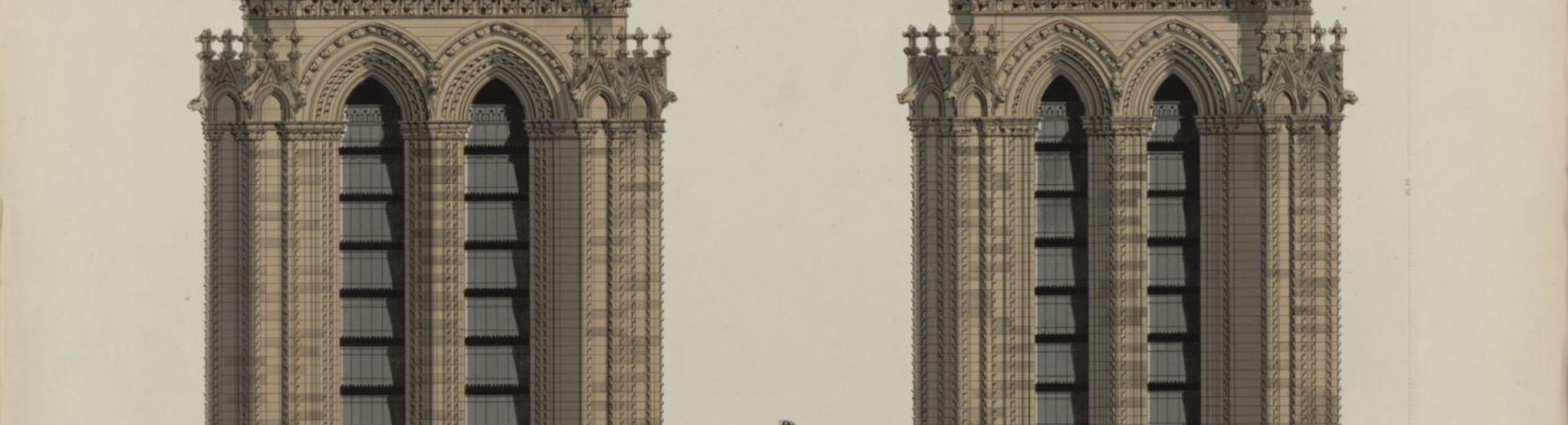 Estampe très précise de deux tours de la cathédrale avec une façade détaillée et réaliste