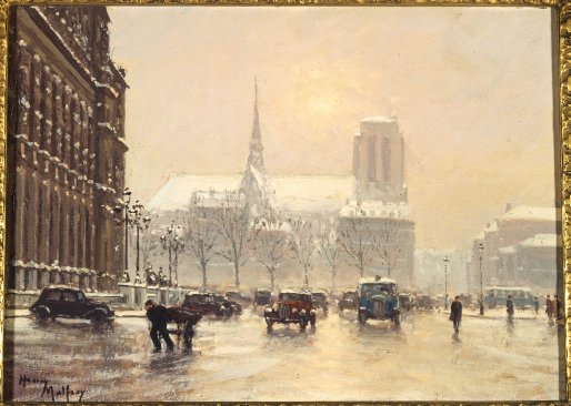 Peinture d'un paysage hivernal, avec la cathédrale aux toits enneigés