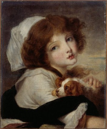 "Portrait de fillette au petit chien" - Jean-Baptiste Greuze (attribué à) 