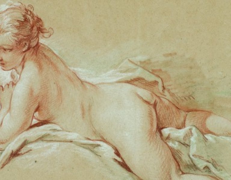 Affiche de l'exposition "De Watteau à David, la collection Horvitz" au Petit Palais : Femme nue allongée de François Boucher